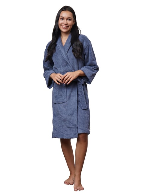 Creeva Denim Blue Cotton Lavish Bathrobe (Large)