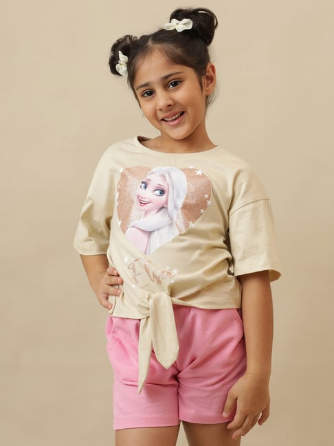 Kidsville Girls Beige Frozen Printed Relaxed Fit T-Shirt-image-20