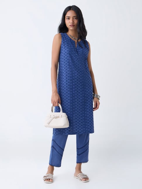 Utsa by Westside Indigo Floral Embroidered Straight Cotton Kurta-picture-34