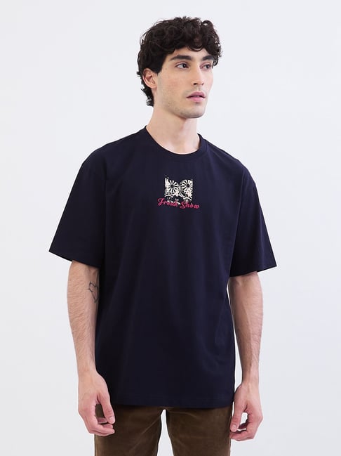 Spykar Navy Blue Cotton Oversized Graphic Print T-Shirt-picture-12