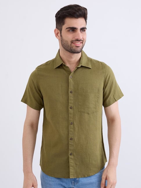 Spykar Avocado Green Cotton Linen Regular Fit Solid Shirts-picture-40