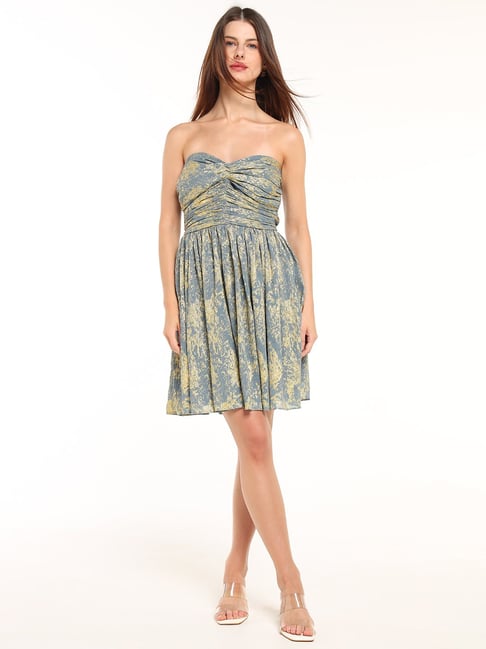 Cover Story Grey & Yellow Viscose Flare Fit Printed Dress-picture-24