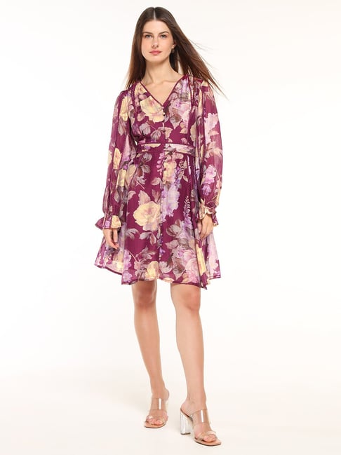 Cover Story Maroon Viscose Regular Fit Floral Print Dress-picture-14