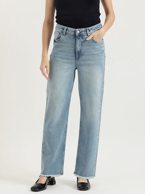 United Colors of Benetton Blue Cotton Straight Fit Embellished Jeans-picture-34