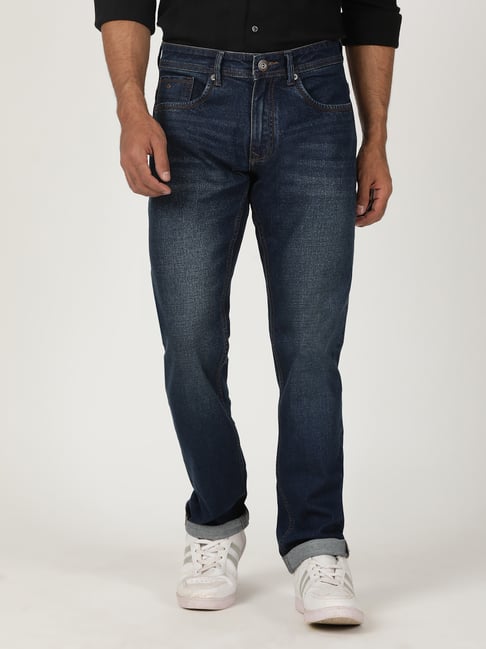 Greenfibre Tinted Dark Blue Cotton Slim Fit Faded Jeans