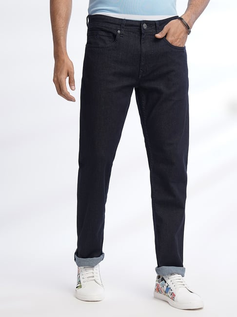 Greenfibre Navy Blue Cotton Straight Fit Jeans