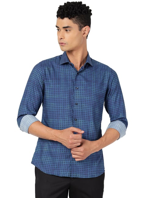 JB Studio Peacock Blue Cotton Slim Fit Geometric Print Shirt