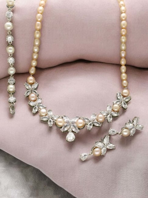 Sri Jagdamba Pearls Peach Crimson Crest Necklace Earring & Bracelet Set-image-17