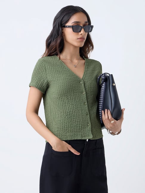 LOV by Westside Olive Crinkle-Textured Top