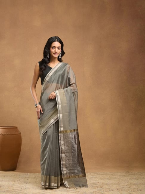 Fabindia Grey Cotton Silk Woven Design Saree Without Blouse-picture-34