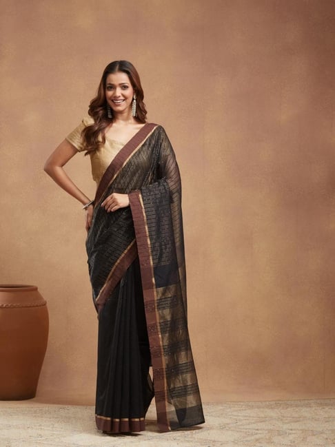 Fabindia Black Cotton Silk Woven Design Saree Without Blouse-picture-18