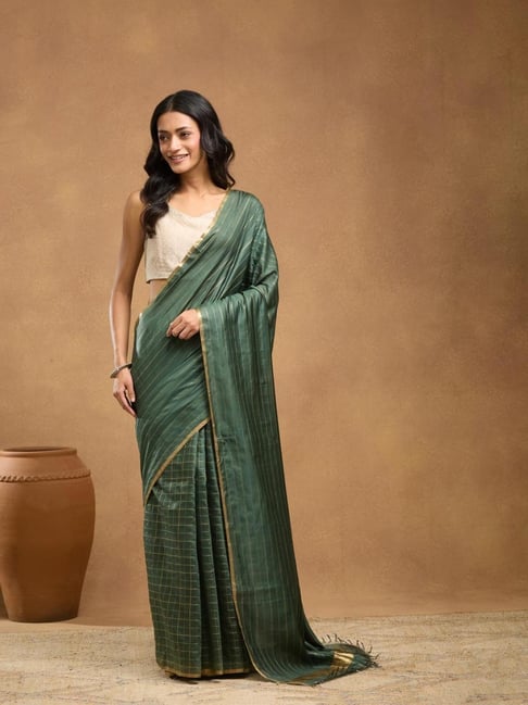 Fabindia Green Viscose Silk Woven Design Saree Without Blouse-picture-29