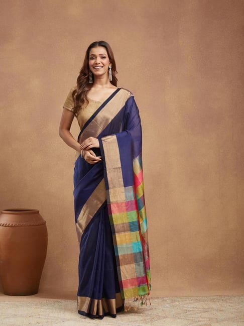Fabindia Navy Cotton Silk Woven Design Saree Without Blouse-picture-27