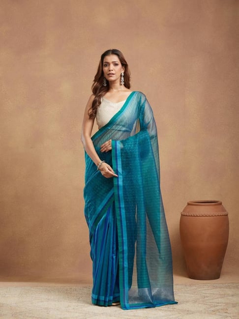Fabindia Blue Cotton Silk Woven Design Saree Without Blouse-picture-34