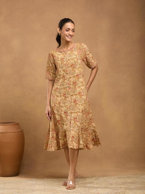 Fabindia Beige Cotton Printed Relaxed Fit A-Line Dress-picture-25