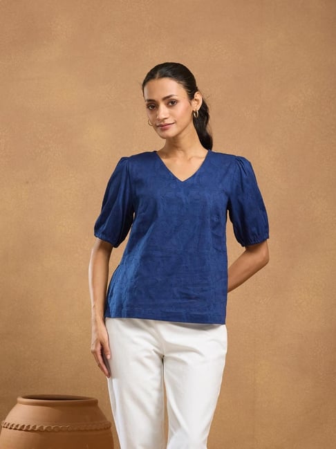 Fabindia Blue Cotton Floral Relaxed Fit Tops