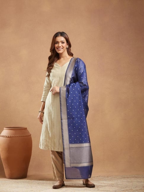 Fabindia Blue Cotton Silk Woven Design Dupatta-picture-40
