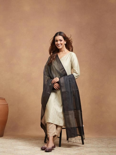 Fabindia Charcoal Grey Viscose Silk Woven Design Dupatta-picture-39