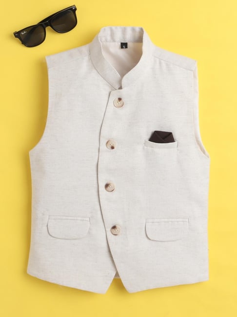 Ministitch Boys White Cotton Solid Waistcoat-picture-30