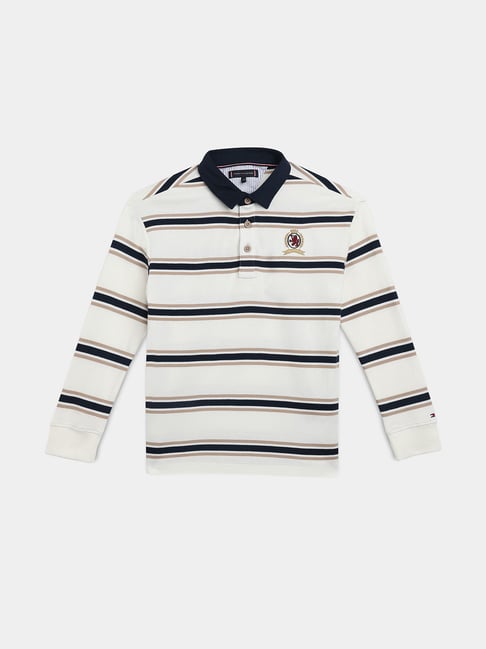 Tommy Hilfiger White Cotton Regular Fit Striped Polo T-Shirt