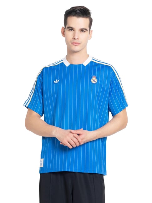 Adidas Blue Loose Fit Striped Sports T-Shirt-image-13