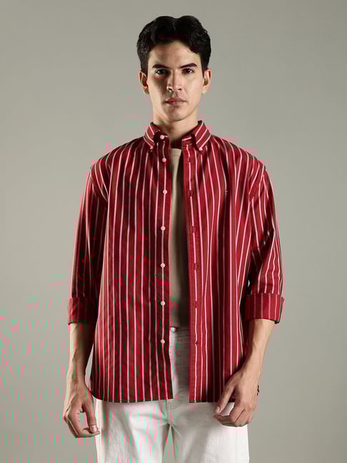 Tommy Hilfiger Red Cotton Regular Fit Striped Shirt