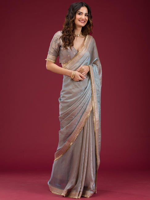 Koskii Sky Blue Threadwork Tissue Saree-picture-30