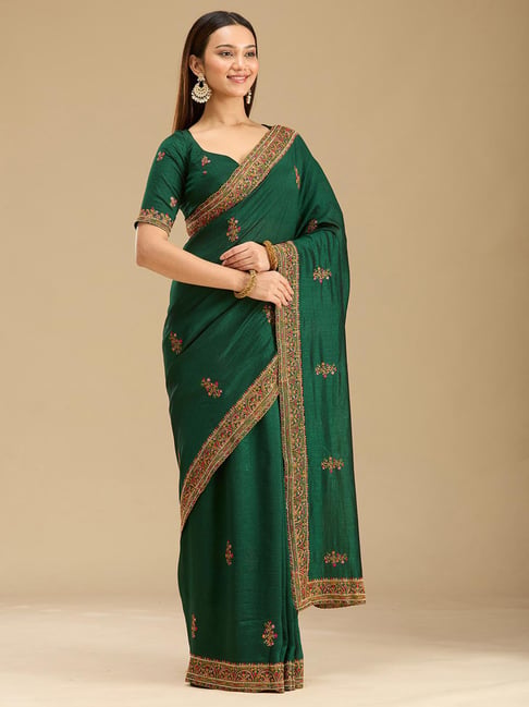 Koskii Bottle Green Kashmiri Soft Raw Silk Saree-picture-21