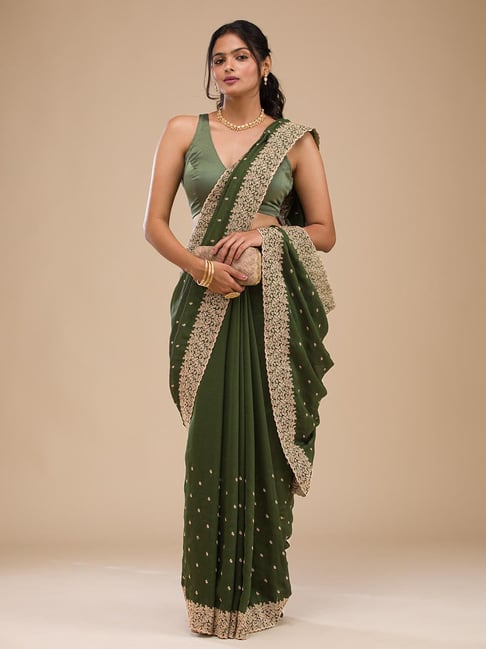 Koskii Bottle Green Zariwork Soft Silk Saree-picture-16