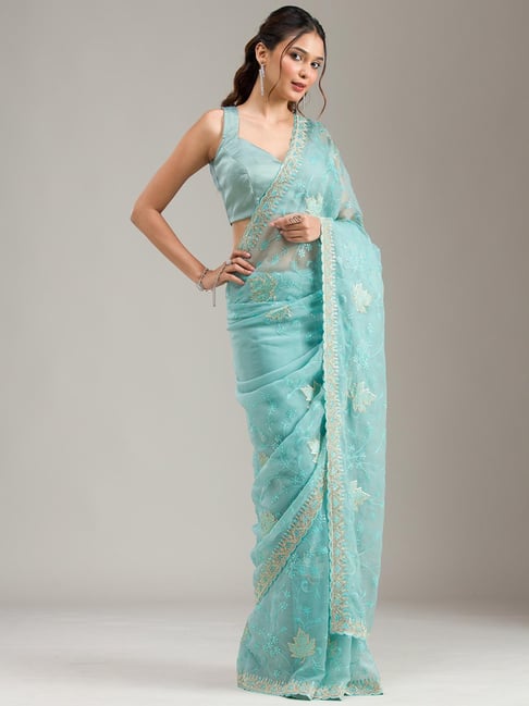 Koskii Sky Blue Cording Tissue Saree-picture-10