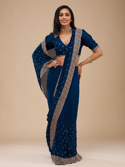 Koskii Navy Blue Zariwork Soft Silk Saree-picture-34