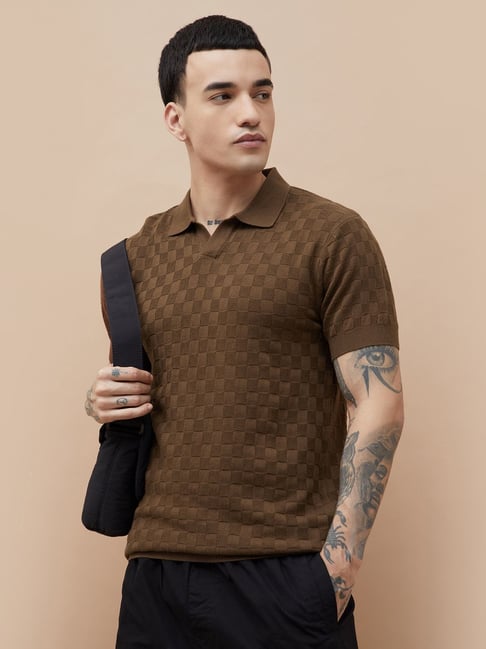 Forca By Lifestyle Brown Cotton Regular Fit Texture Polo T-Shirt