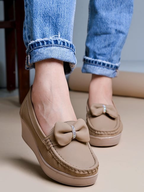 Shoetopia Women's Beige Wedge Loafers-picture-39
