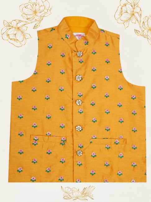 Little Bansi Boys Yellow Cotton Embroidered Nehru Jacket