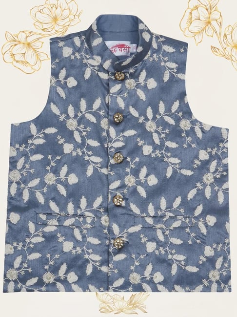 Little Bansi Boys Grey Cotton Embroidered Nehru Jacket-picture-30