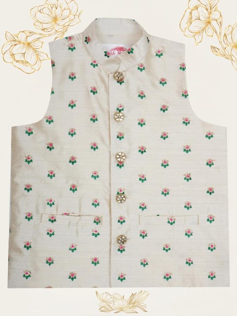 Little Bansi Boys Cream Cotton Embroidered Nehru Jacket-picture-33