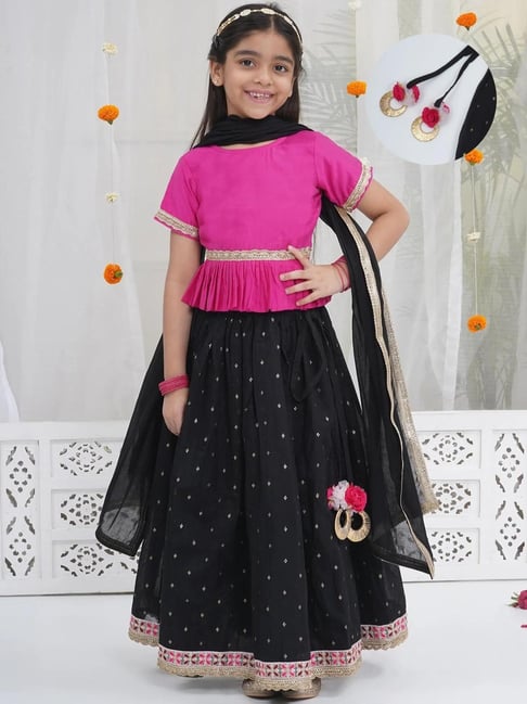 Little Bansi Girls Black Embellished Lehenga Set