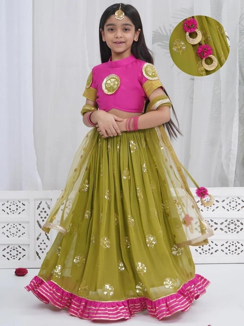Little Bansi Girls Green Embroidered Lehenga Set