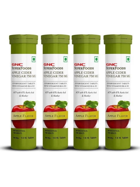 GNC Apple Cider Vinegar Effervescent Tablets | Apple Flavor - 15 Tablets (Pack of 4)