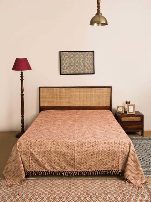 Fabindia Binal Beige & Red Cotton Woven 64 TC Double Bed Cover-picture-11