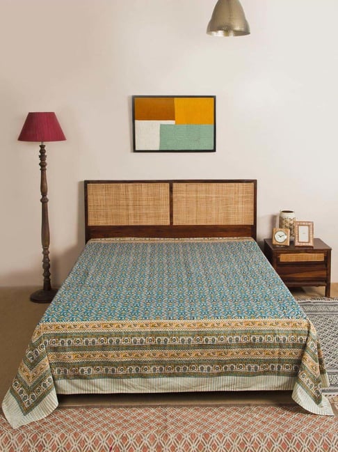 Fabindia Nafisa Teal Cotton Printed 116 TC Single Bed Cover-picture-33