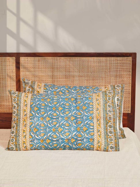 Fabindia Nafisa Teal Cotton Printed 116 TC Pillow Covers - Set of 2-picture-34