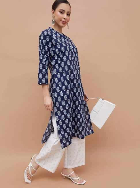 Melange By Lifestyle Indigo Cotton Regular Fit Printed Kurta-picture-16