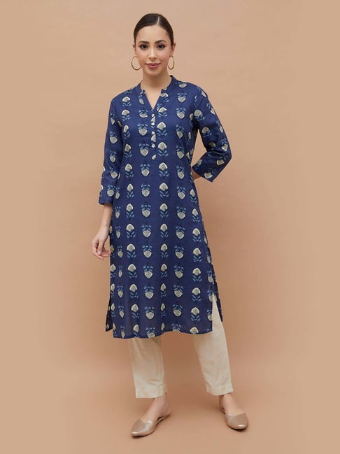 Melange By Lifestyle Indigo Cotton Regular Fit Printed Kurta-picture-20