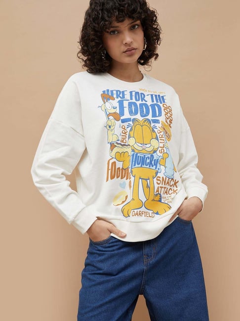 Ginger By Lifestyle Off White Cotton Regular Fit Printed Sweatshirt