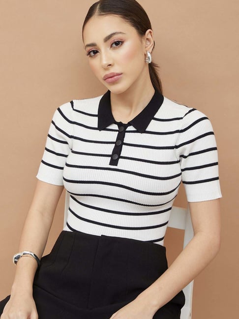 Code By Lifestyle Off White Regular Fit Striped Polo T-Shirt-picture-44
