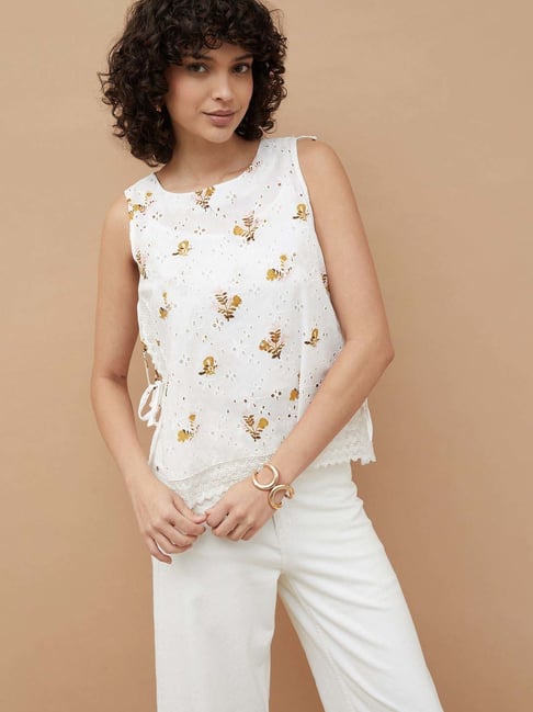 Colour Me By Melange Off White Cotton Regular Fit Printed Top