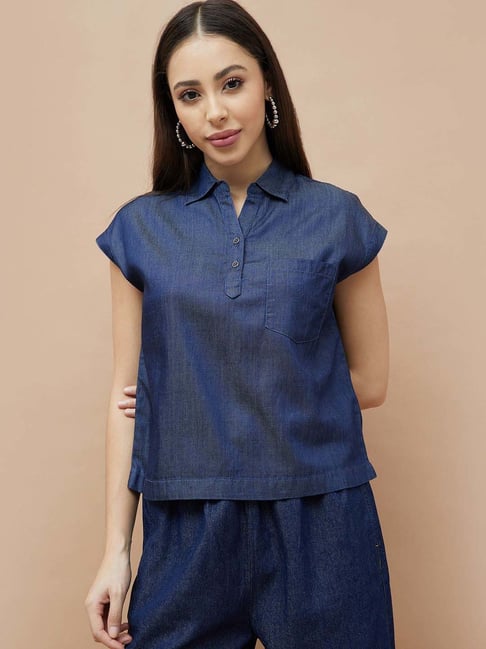 Fame Forever By Lifestyle Dark Blue Cotton Regular Fit Top-picture-21