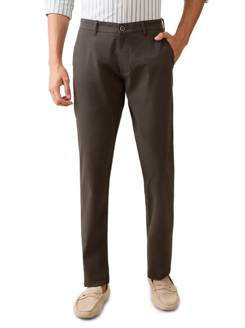 Parx Slim Tapered Fit Dark Green Cotton Blend Trousers