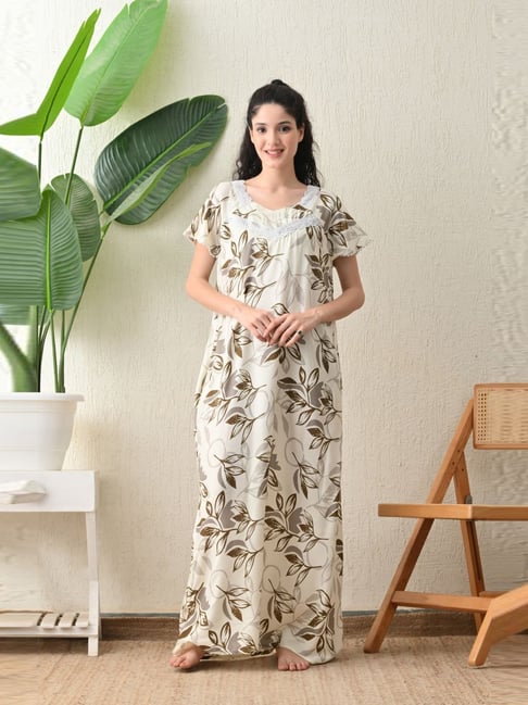 Ichaa Off White Regular Fit Floral Print Nighties-picture-19